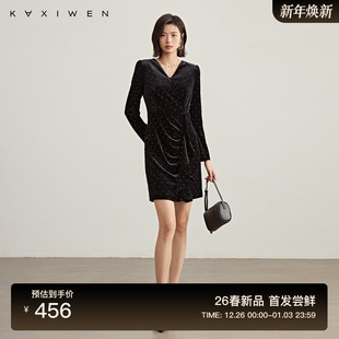 佧茜文烫钻丝绒连衣裙2026春季 优雅奢感立体荷叶边裙摆女 新款