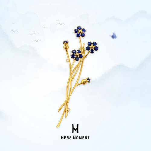 赫拉臻藏18K金蓝宝石勿忘我胸针