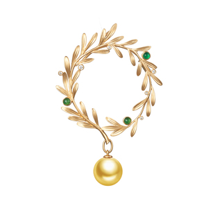 赫拉臻藏 18K金金珍珠橄榄枝胸针吊坠项链两用11-12mm