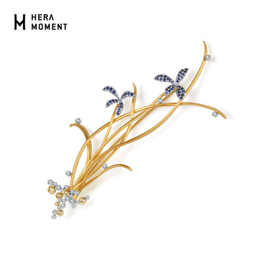 赫拉臻藏18K金蓝宝石兰花胸针