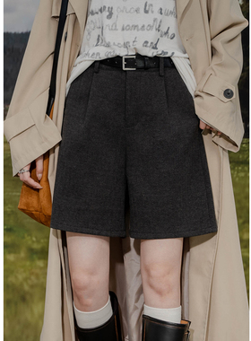 六条猫studio高腰毛呢直筒五分裤女简约百搭中裤外穿休闲阔腿裤