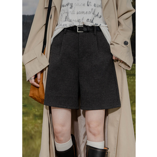 外穿休闲阔腿裤 六条猫studio高腰毛呢直筒五分裤 女简约百搭中裤