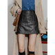 肌理感PU皮短裙女复古拼接防走光内衬显瘦A字裙高腰半身小皮裙春