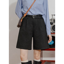 黑色百搭呢子休闲短裤 不对称宽松直筒中裤 女秋季 毛呢高腰五分裤