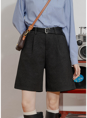 毛呢高腰五分裤女春季不对称宽松直筒中裤黑色百搭呢子休闲短裤