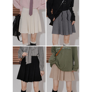 高腰A字针织短裙女百褶裙复古简约松紧腰弹力纯色百搭半身伞裙夏