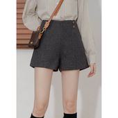 女宫廷风纽扣高腰宽松显瘦A字呢子休闲裤 春季 外穿毛呢阔腿短裤 潮