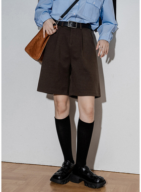 六条猫studio毛呢阔腿五分裤女高腰西装直筒中裤宽松呢子休闲短裤