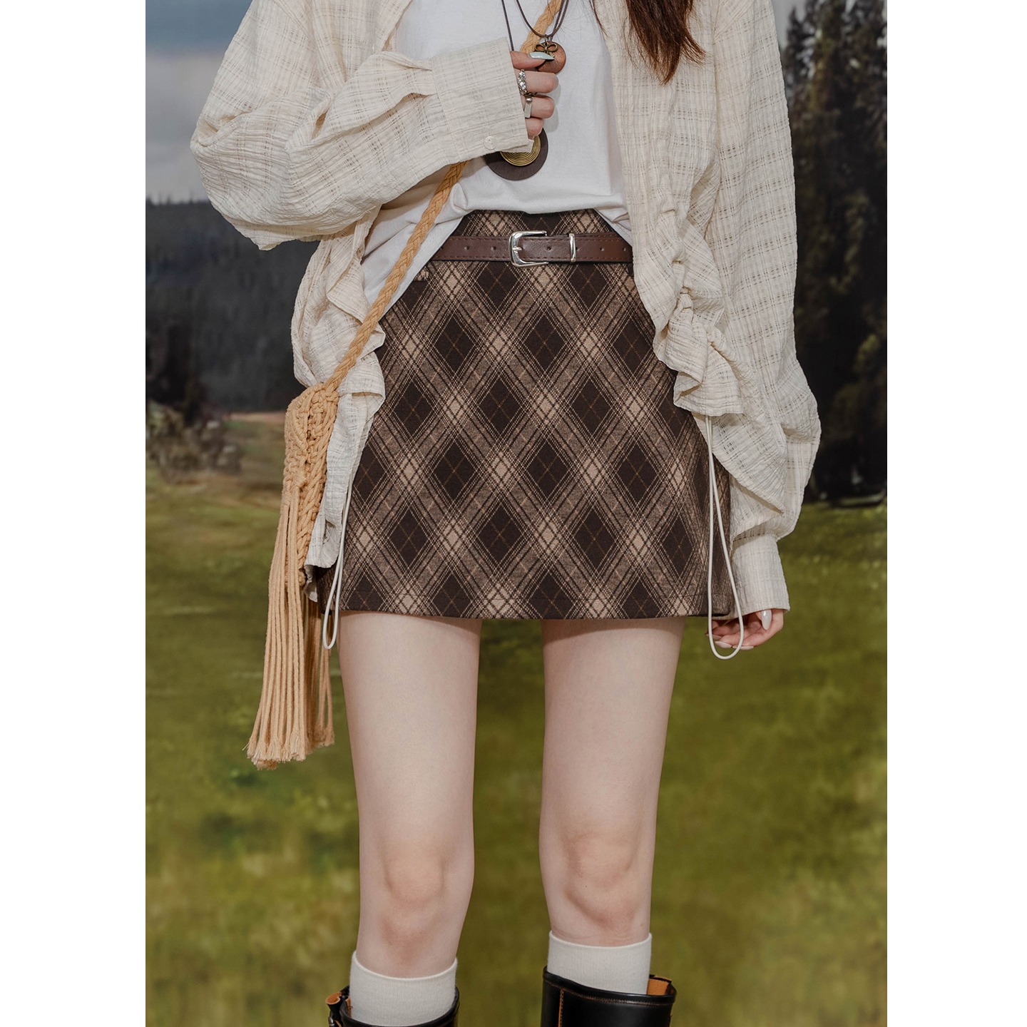 复古毛呢格纹包臀百搭半身裙