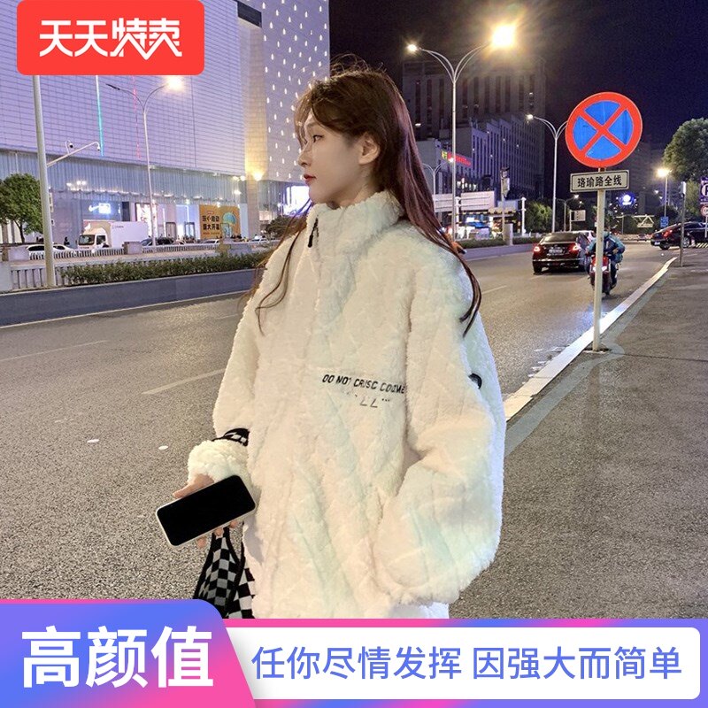 白色羊羔毛外套女2025新款冬季美式复古宽松加绒加厚立领百搭棉衣