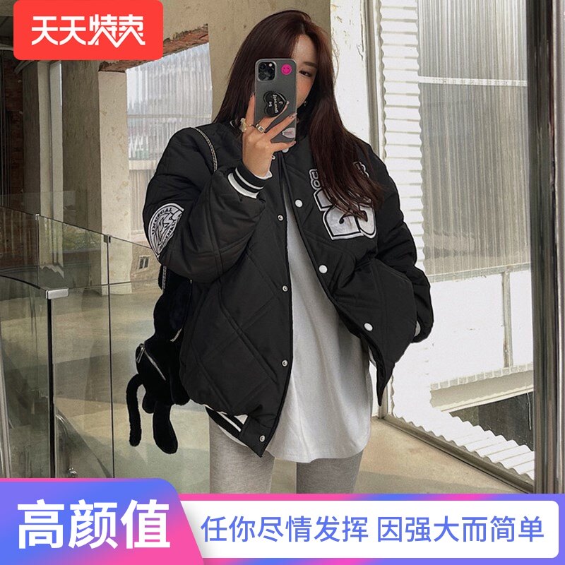 棒球服棉服外套女秋冬新款复古慵懒风宽松字母夹克中长款长袖上衣