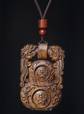 沉香木雕刻平安牌吊坠挂件天地锁龙虎46牌男女款文玩挂饰项链饰品