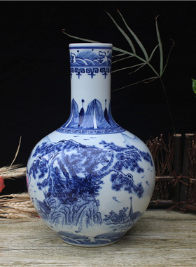 景德镇陶瓷器 手绘青花山水花瓶插花器家居会所装饰工艺摆件批发