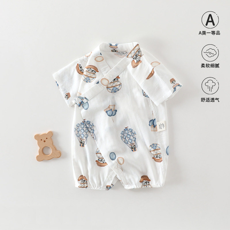 夏天薄款婴儿衣服夏季竹纤维纱布短袖汉服宝宝连体衣睡衣空调服