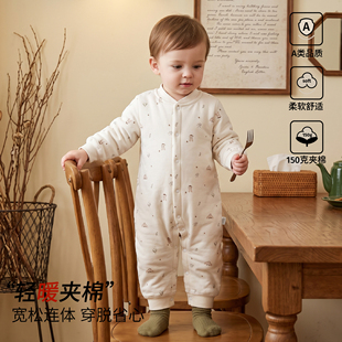 婴儿衣服秋冬季宝宝羊绒蚕丝连体衣150克夹棉加厚哈衣爬服冬装