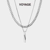 双层叠戴钛钢锁骨古巴链吊坠男士 潮流男生高级感链子配饰 项链男款