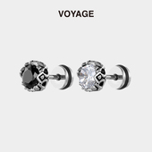 黑白锆石杠铃耳钉男款 轻奢高级感耳针耳棒小众设计男士 耳扣耳饰男