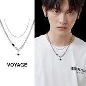 双层叠戴男士 吊坠项链男款 潮流锁骨古巴毛衣链高级感男生嘻哈配饰