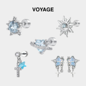 蓝色土星爱心耳钉女钛合金星芒耳环锆石钛钢耳坠耳骨钉耳蜗钉耳饰