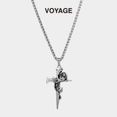 VOYAGE玫瑰十字架吊坠男士 项链男款 潮流男生潮牌百搭小众链子配饰