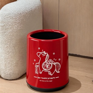 马年垃圾桶2026新款家用客厅大容量卧室红色纸篓创意滑轮可移动