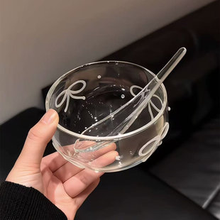 可爱蝴蝶结高颜值玻璃碗透明甜品碗带勺子可进微波炉耐热茶碗餐具