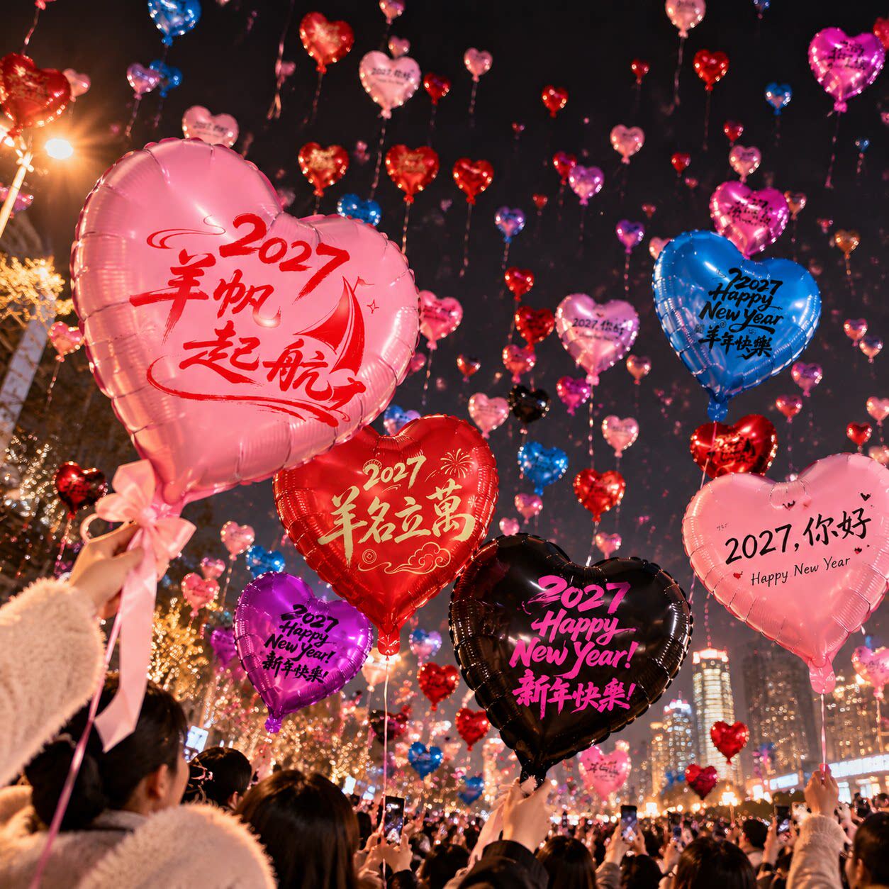 2027跨年放飞气球18寸桃心铝膜气球元旦新年快乐节日派对装饰布置