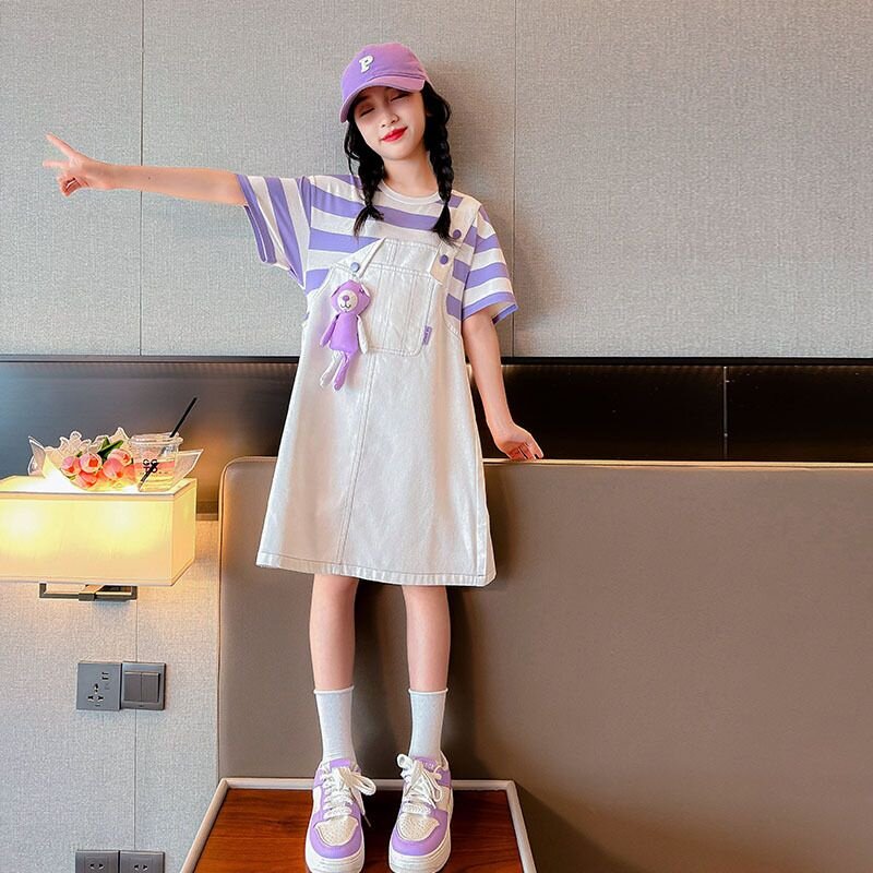 女童假两件背带连衣裙夏装2023新款洋气儿童裙子紫色学院风公主裙