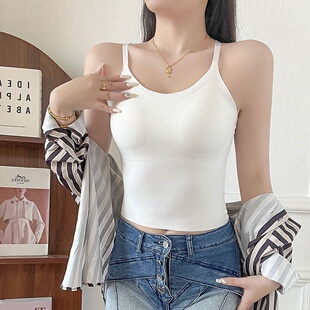 夏季辣妹美背吊带背心免穿文胸一体式内衣薄款纯棉内搭外穿带胸垫