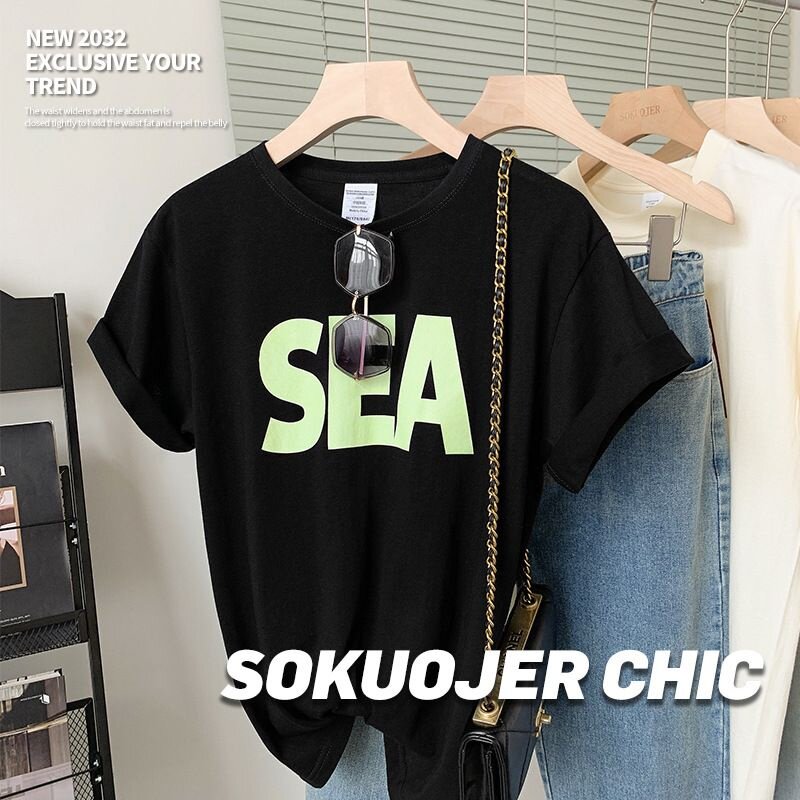 正肩纯棉短袖t恤女夏季薄款圆领内搭宽松白色上衣SEA-YAM002