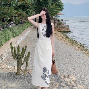 2024夏季新中式禅意连衣裙气质复古无袖印花长裙子简约风