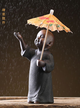 中式风礼佛小和尚手工紫砂装饰品