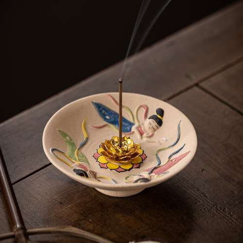 敦煌飞天手绘陶瓷莲花香托香盘