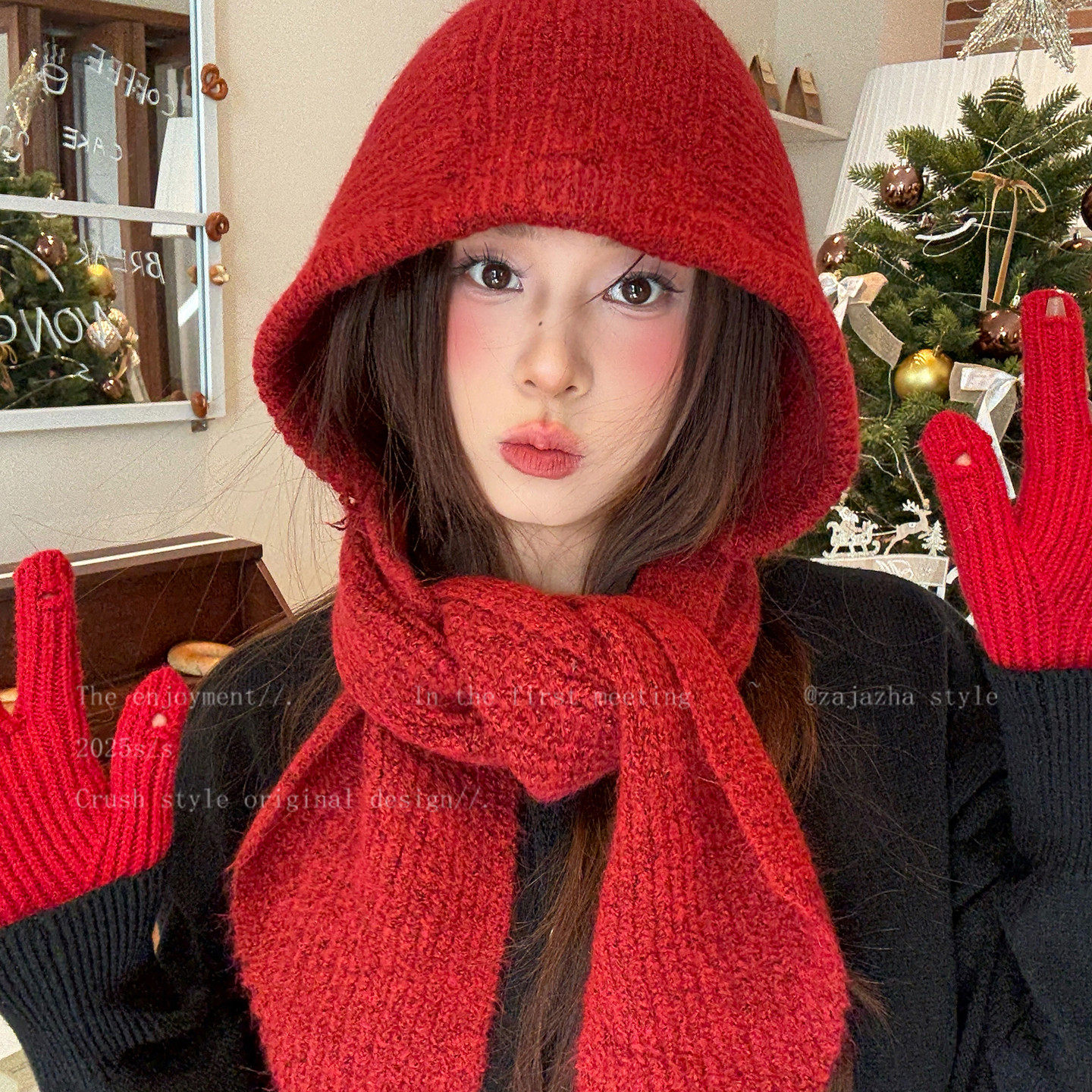 红色巴拉克法帽女款冬季保暖毛线针织一体帽子围巾氛围感护耳围脖,服饰配件/皮带/帽子/围巾,帽子,淘宝优惠券,粉丝福利购,淘宝优惠卷