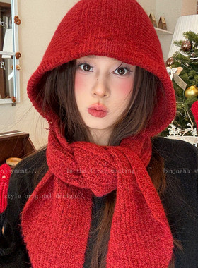 红色巴拉克法帽女款冬季保暖毛线针织一体帽子围巾氛围感护耳围脖