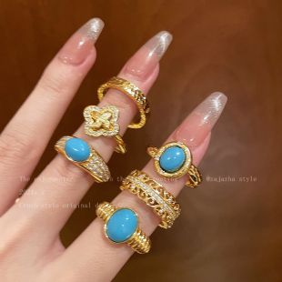 金色复古绿松石戒指女款民族风独特个性食指戒轻奢波西米亚风指环