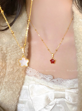 简约红色小花项链女2025新款