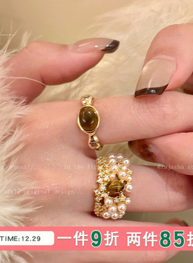 虎眼石琥珀珍珠戒指女法式高级