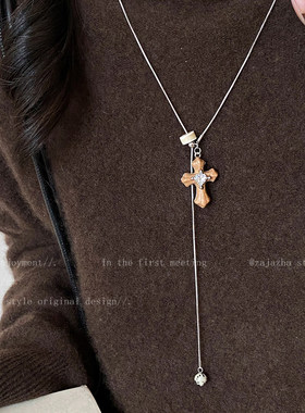 木质十字架抽拉项链女轻奢高级