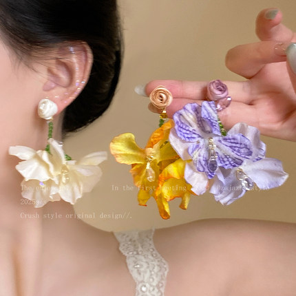 度假风红色玫瑰花朵耳钉女春天超仙流苏多巴胺耳环高级感夸张耳饰