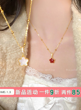 简约红色小花项链女2025新款