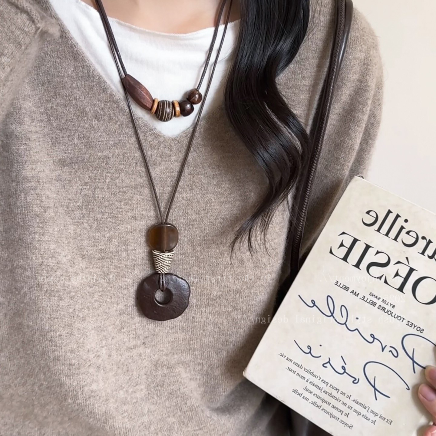 复古咖色串珠项链女款美拉德长款