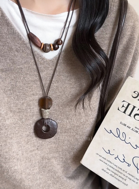 复古咖色串珠项链女款美拉德长款