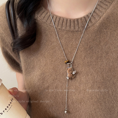 咖色丝绒小熊抽拉项链女秋冬