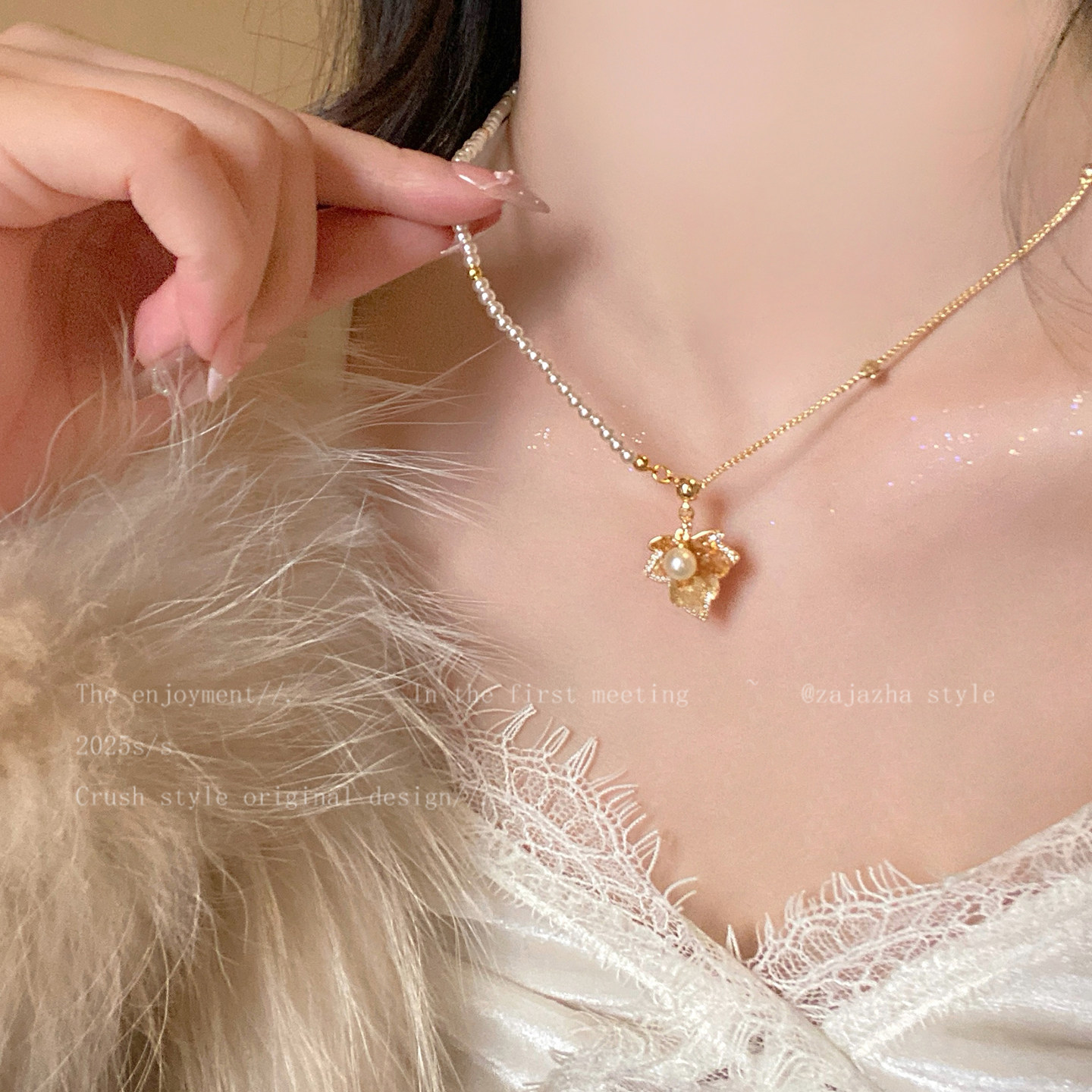 秋冬渐变枫叶珍珠项链女高级