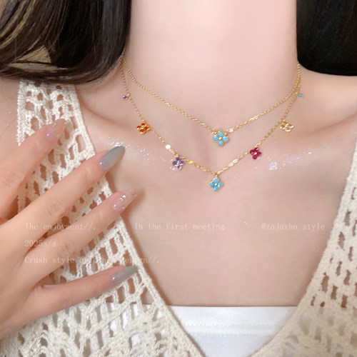 彩色锆石菱形花朵项链女款2026新款小众设计锁骨链轻奢高级感配饰