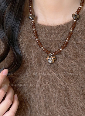 西太后爱心豹纹星球项链女