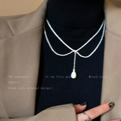 波光粼粼交叉珍珠吊坠项链