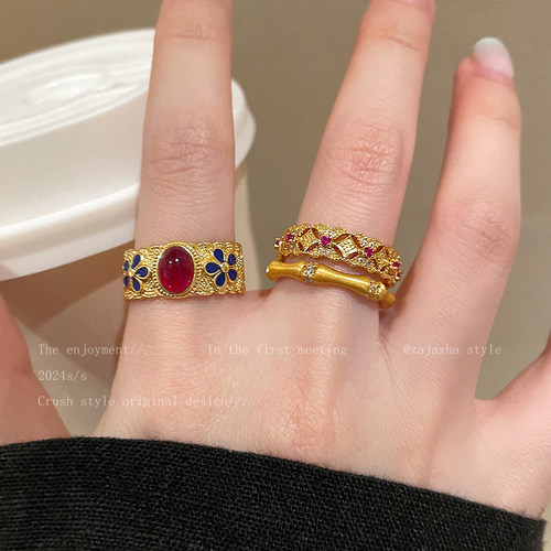 中古金色珐琅彩戒指女款小众设计轻奢高级感食指戒复古新中式指环