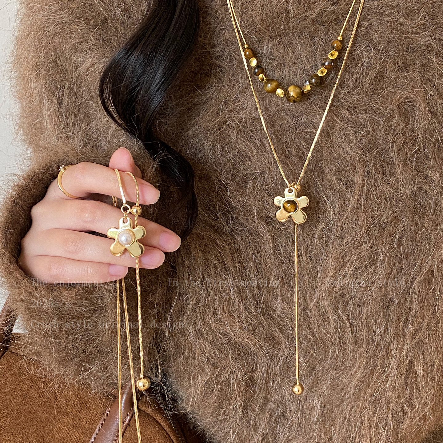 金色虎眼石珍珠小花项链女